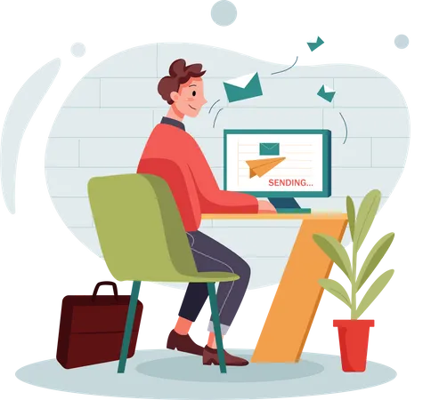 Business person sending business emails from office  Illustration