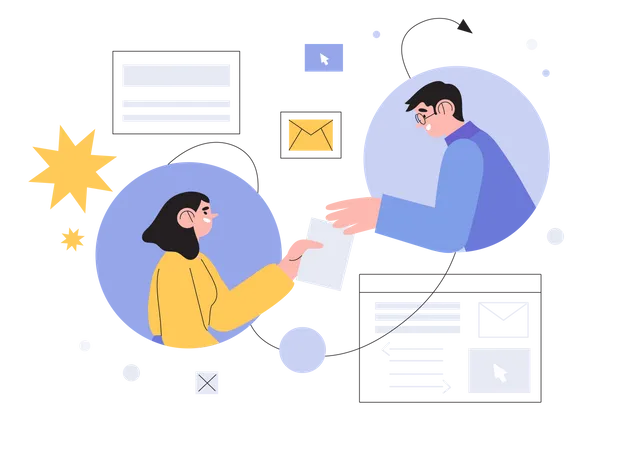 Vector Illustration Of Two People Talking And Holding Documents Online Support Or Support Service Concept Team Mates Exchange Data Information Discuss Project Workflow Or Team Work Illsutration Illustration