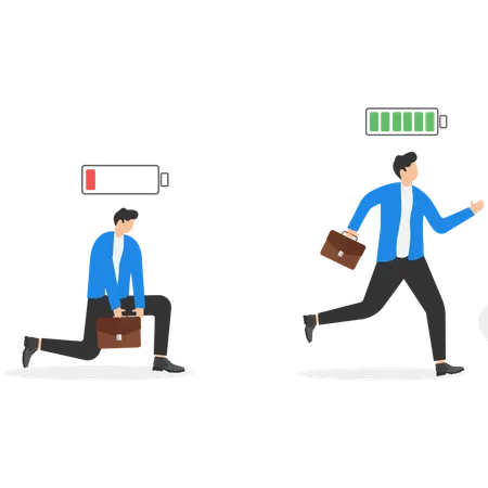 Business Person With Full Energy And Tired Concept Business Powerful Vector Illustration Charge And Uncharged Battery Illustration