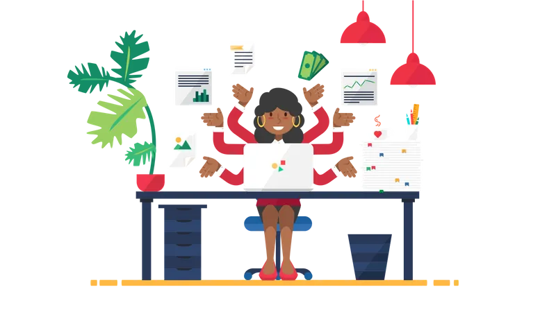 Happy African Female Seo Manager Busy At Work Successful Mix Race Business Woman Working On Computer And With Finance Documents Multitasking Flat Vector Illustration Illustration