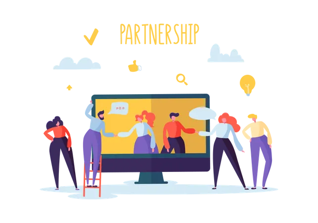Business Partnership Online Meeting Concept Flat People Characters Handshake Coworking Creative Team Work Vector Illustration Illustration