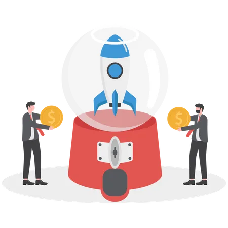 Business persons holding dollar money coins to contribute in gumball machine to launch rocket  Illustration