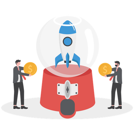 Business persons holding dollar money coins to contribute in gumball machine to launch rocket  Illustration