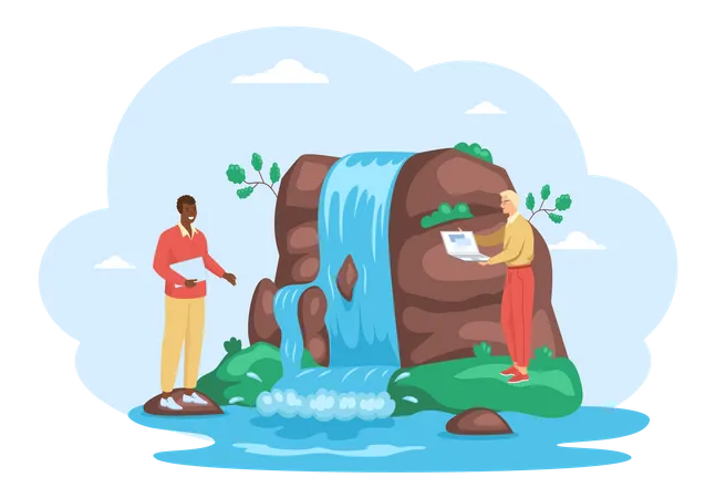 Business persons working near waterfall  Illustration