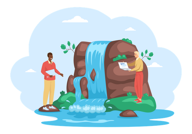 Business persons working near waterfall  Illustration