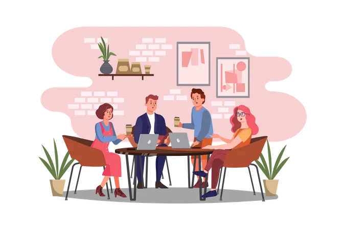 Business persons working while sitting in cafe Illustration