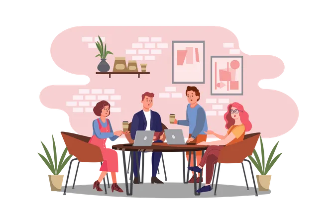 Business persons working while sitting in cafe  Illustration