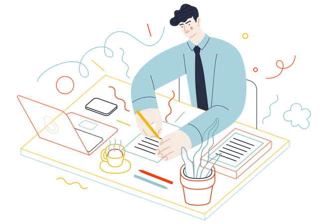 Business Topics Tasks Flat Style Modern Outlined Vector Concept Illustration A Young Man Wearing A Tie Sitting At The Office Desk Filling In The List Of Tasks Business Metaphor Illustration