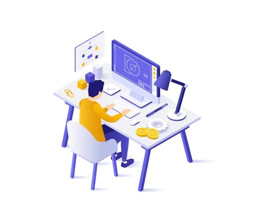 Landing Page Template With Man Sitting At Computer With Blueprint On Screen And Working Concept Of Project Development Strategic Business Planning Modern Isometric Vector Illustration For Website Illustration