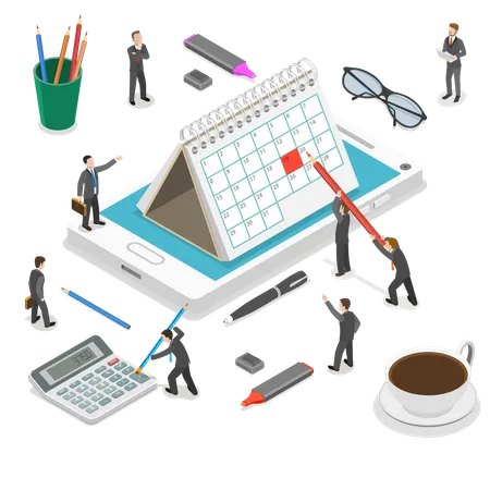 Mobile Calendar Flat Isometric Vector Concept People Are Making Some Marks On The Paper Calendar That Is Standing On The Mobile Phone Illustration