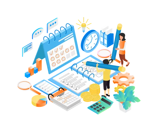 Isometric Style Illustration Of Business Planning Schedule With Characters And Date Illustration
