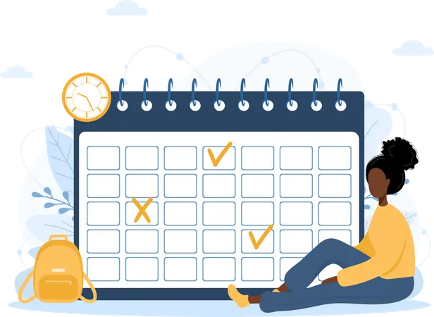 Month Planning Or To Do List Concept African Woman Sitting Near Giant Calendar Task Scheduling Work Process Organization Vector Illustration In Flat Cartoon Style Illustration