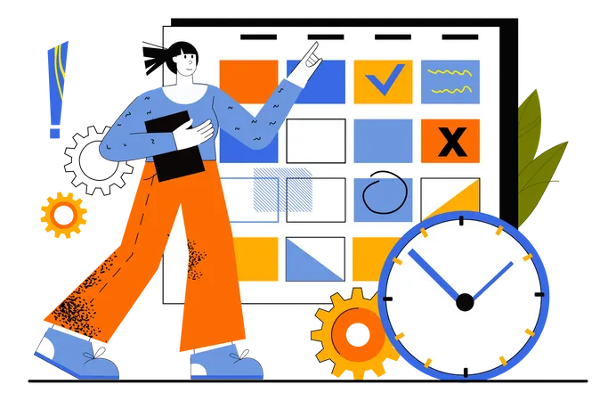 Business Planning Web Concept Employee Develops Job Plan Woman Completes Work Tasks And Marks Dates On Calendar Time Management Vector Illustration For Web Page Template In Flat Line Design Illustration