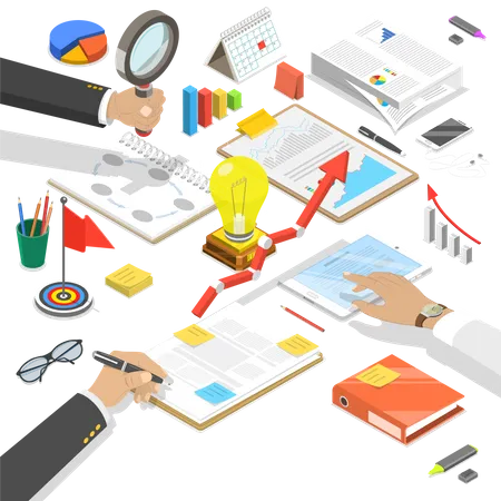 Flat Isometric Vector Concept Of Competitive Analysis Company Marketing Plan Competitors Evaluating Illustration