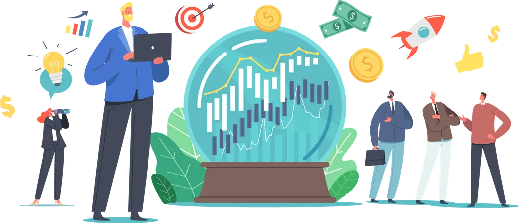 Business Prediction Forecast Of Market Trends Concept Tiny Business Characters At Huge Crystal Globe Trying To Predict Stock Economic For Making Financial Benefit Cartoon People Vector Illustration Illustration