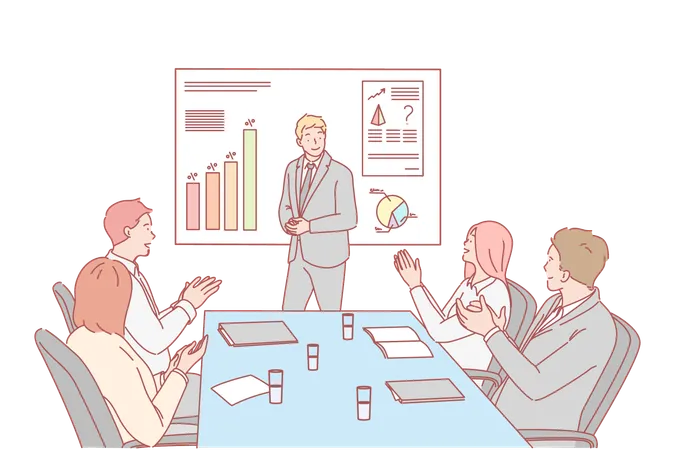 Presentation Business Congratulation Hiring Concept Young Businessman Shows Presentation About Company Profit Growth Graph To Investors Business People Congratulate Their Colleague With Hiring Illustration
