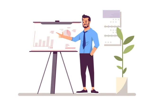 Top Manager Businessman Flat Vector Illustration Corporate Training Conference Business Analytics Annual Report Entrepreneur Near Whiteboard Isolated Cartoon Character Marketer Boss Leader Illustration