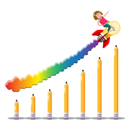 Cartoon Vector Illustration Knowledge Concept A Girl Rides A Light Bulb Rocket Towards The Top Of The Pencil Chart Knowledge Is Like A Great Power That Will Send Us Forward Like Riding A Rocket Illustration