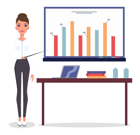 Young Beautiful Slender Businesswoman Or Top Manager In A White Blouse Black Trousers And Shoes Points To A Large Bar Chart With Percentage Numbers Demonstration Of Business Workflow Statistics Illustration