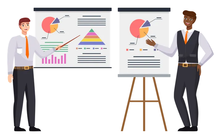 Businessman Makes A Presentation Of A Statistical Report Doing Digital Analysis Charts Planning Business Concept Teamwork Consulting For Project Management Financial Reporting And Strategy Illustration