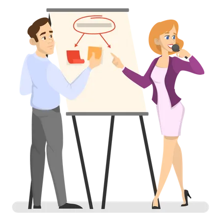Business Team Making Presentation In Front Of Group Of People Presenting Business Plan On Seminar Vector Illustration In Cartoon Style Illustration