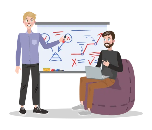 Man Making Business Presentation In Front Of Guy Presenting Business Plan On Seminar Training And Education Vector Illustration In Cartoon Style Illustration