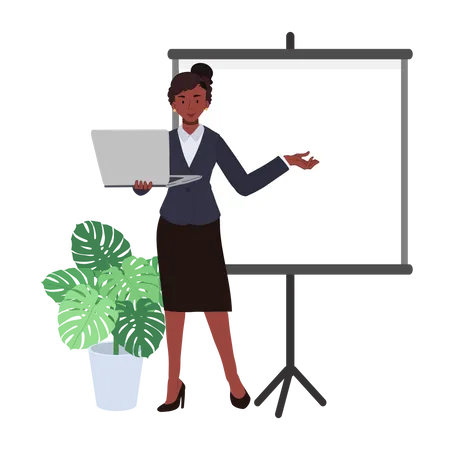 African American Businesswoman Standing And Holding Laptop To Present Business Presentation Vector Illustrations Illustration