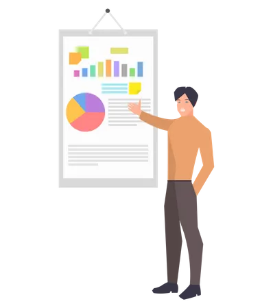 Data Analysis Research Statistics Concept Work With Statistics Strategy Business Development Male Employee Talks About Results Of Statistical Research Man Near Presentation Board With Data Illustration