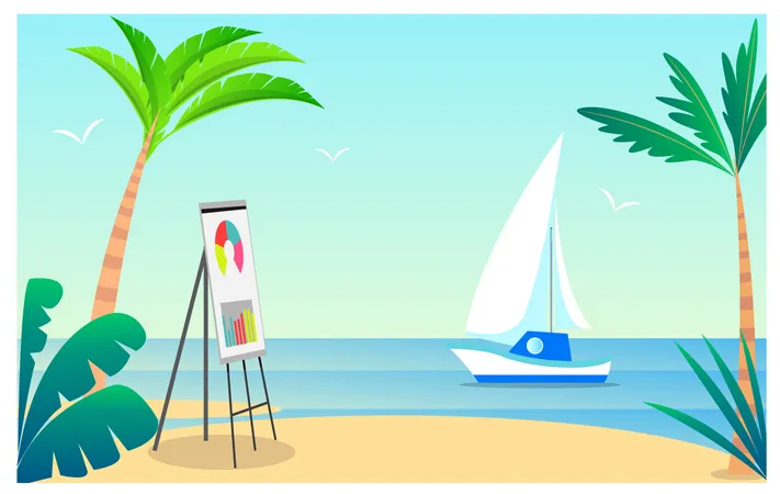 Business Presentation Poster With Given Text And Lettering Whiteboard On Stand And Beach Seaside And Sailboat Isolated On Vector Illustration Illustration