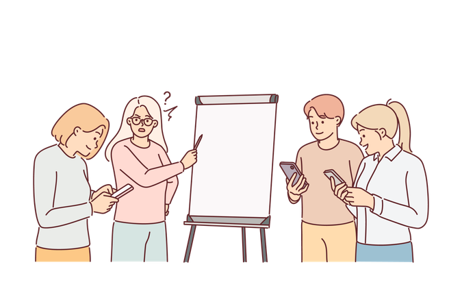 Business presentation with colleagues playing on phones and manager standing near flipchart  Illustration