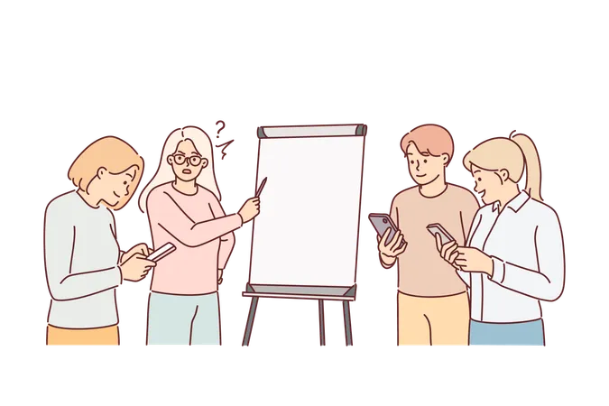 Business Presentation With Inattentive Colleagues Playing On Phones And Manager Standing Near Flipchart Business People Participate In Meeting And Do Not Want To Hear About Problems Of Company Illustration