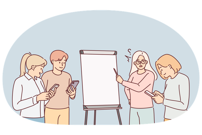 Business presentation with colleagues playing on phones and manager standing near flipchart  Illustration