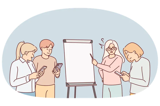 Business presentation with colleagues playing on phones and manager standing near flipchart  Illustration