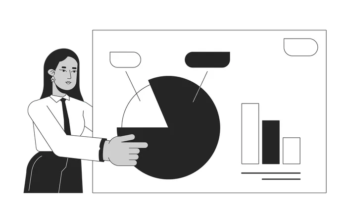 Business Presentation Woman Bw Concept Vector Spot Illustration Female Worker Pointing Chart 2 D Cartoon Flat Line Monochromatic Character For Web UI Design Editable Isolated Outline Hero Image Illustration