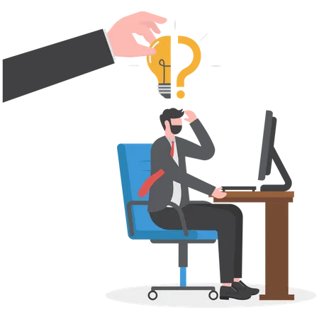 Business Problem Idea Decision Making And Solution Job And Career Path Concept Confusing Businessman Stand With Question Mark Sign Then Helping Hand Put Half Of Lightbulb Lamp For Bright Solution Illustration