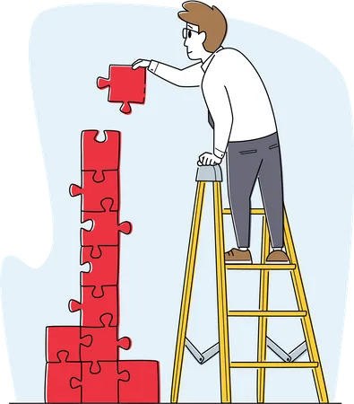 Idea Development Task Solution And Problem Solving Concept Business Man Character Stand On Ladder Assemble Puzzle Pieces Jigsaw Construction Creativity Linear People Vector Illustration Illustration