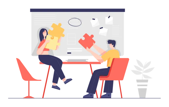 The Business Administration Team Brainstormed To Jigsaw Puzzles Of A Successful Business Vector Cartoon Illustration Flat Design Illustration