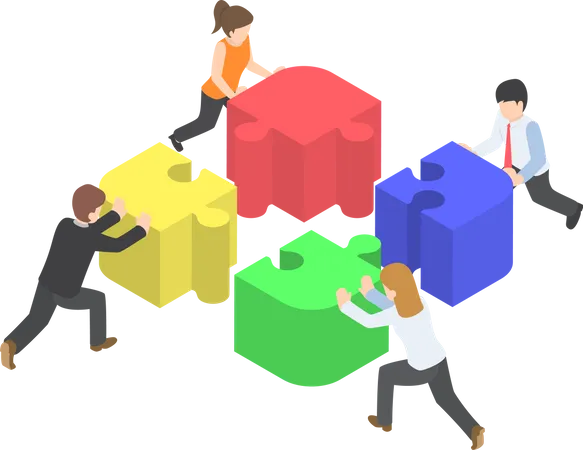 Isometric Business People Pushing And Assembling Four Jigsaw Puzzles Teamwork Collaboration Joint Effort Concept Illustration