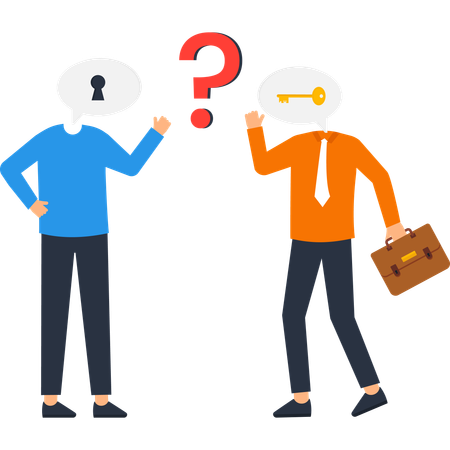 Business problem solving  with two men communicating one with a lock head and the other with a key head representing a solution to a question.  Illustration