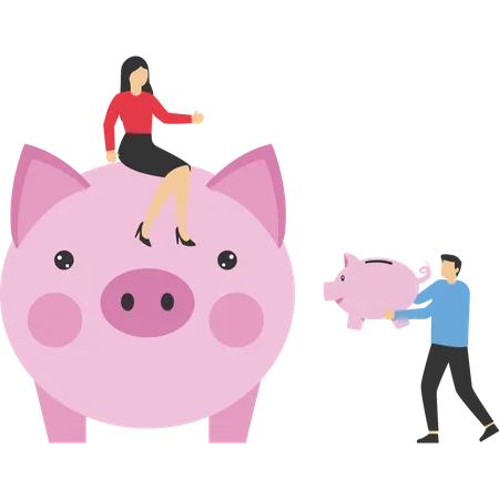 Business professional meeting and cooperation to save money in a piggy bank  Illustration