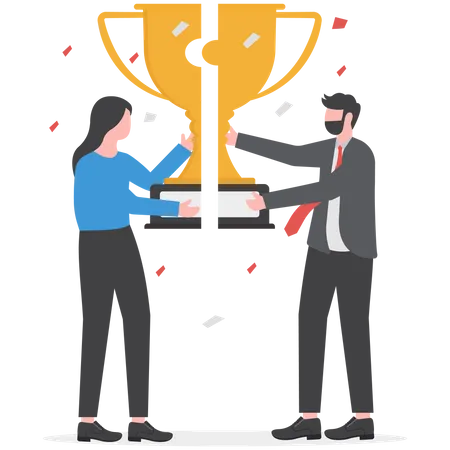 Business professional sharing winning trophy  Illustration