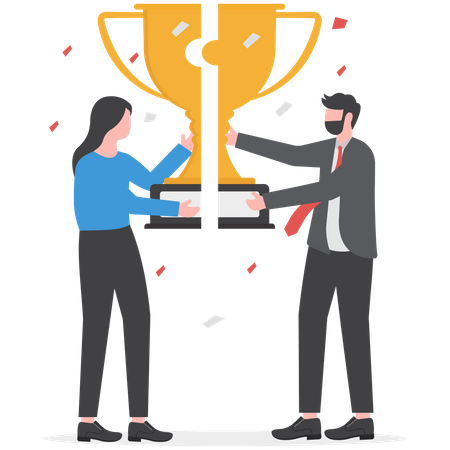 Business professional sharing winning trophy  Illustration