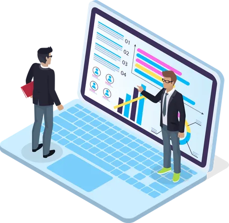 Isometric Laptop With Charts Diagram Infochart At Screen 3 D Growing Graphic Teamwork Analysis Worker Showing Presentation Of Financial Plan Strategy Man With Folder Looking At Screen Of Laptop Illustration