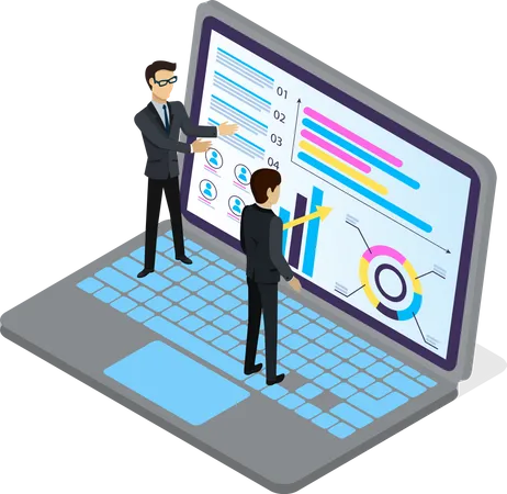 Analysing Infocharts Creating Presentation With Charts Graphics Diagram Developing Financial Plan Strategy Businessmen Analyse Infographics Discussing Analytics Statistics 3 D Isometric Laptop Illustration