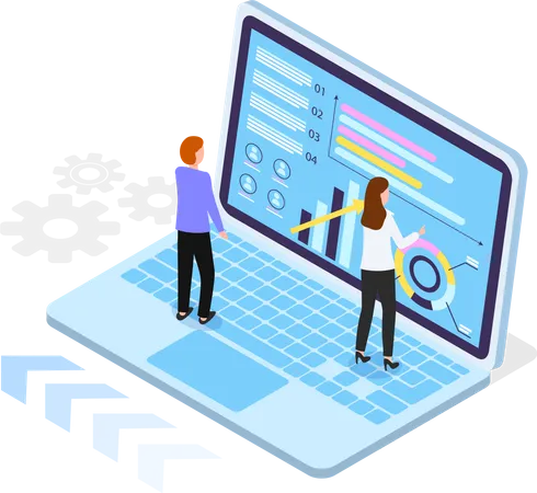 Isometric Laptop With Charts Diagram Infochart At Screen 3 D Growing Graphic Teamwork Analysis Workers Looking Financial Plan Strategy At Screen Of Laptop Businesswoman Pointing On Screen Illustration