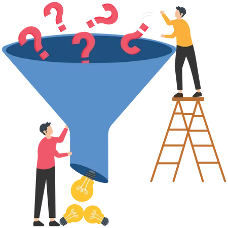 Solving Problem Solution Or Result From Business Difficulty Research Or Discover New Idea Creativity To Answer Questions Smart Businessman With Funnel Or Filter To Get Solution From Question Mark Illustration