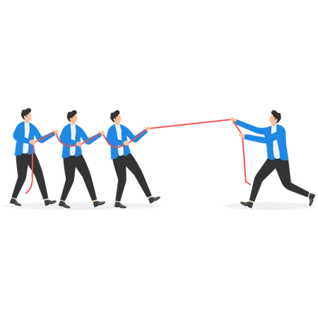 Business Professionals In Tug Of War With Three Men On One Side Of Rope And One Man In Command On Opposite Side Vector Illustration On Organizational Development Training Concept Illustration