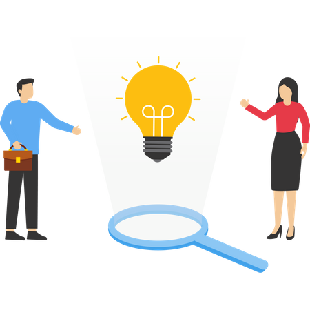 Business professionals looking at floating light bulb from magnifying glass  Illustration