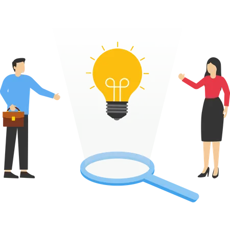 Business professionals looking at floating light bulb from magnifying glass  Illustration