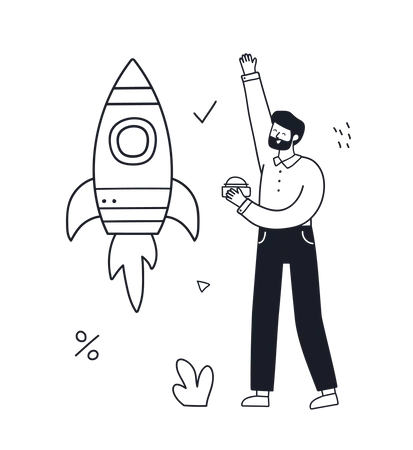 Startup New Business Project Businessman Launches A Rocket Doodle Sketch Style Vector Hand Drawn Illustration Illustration